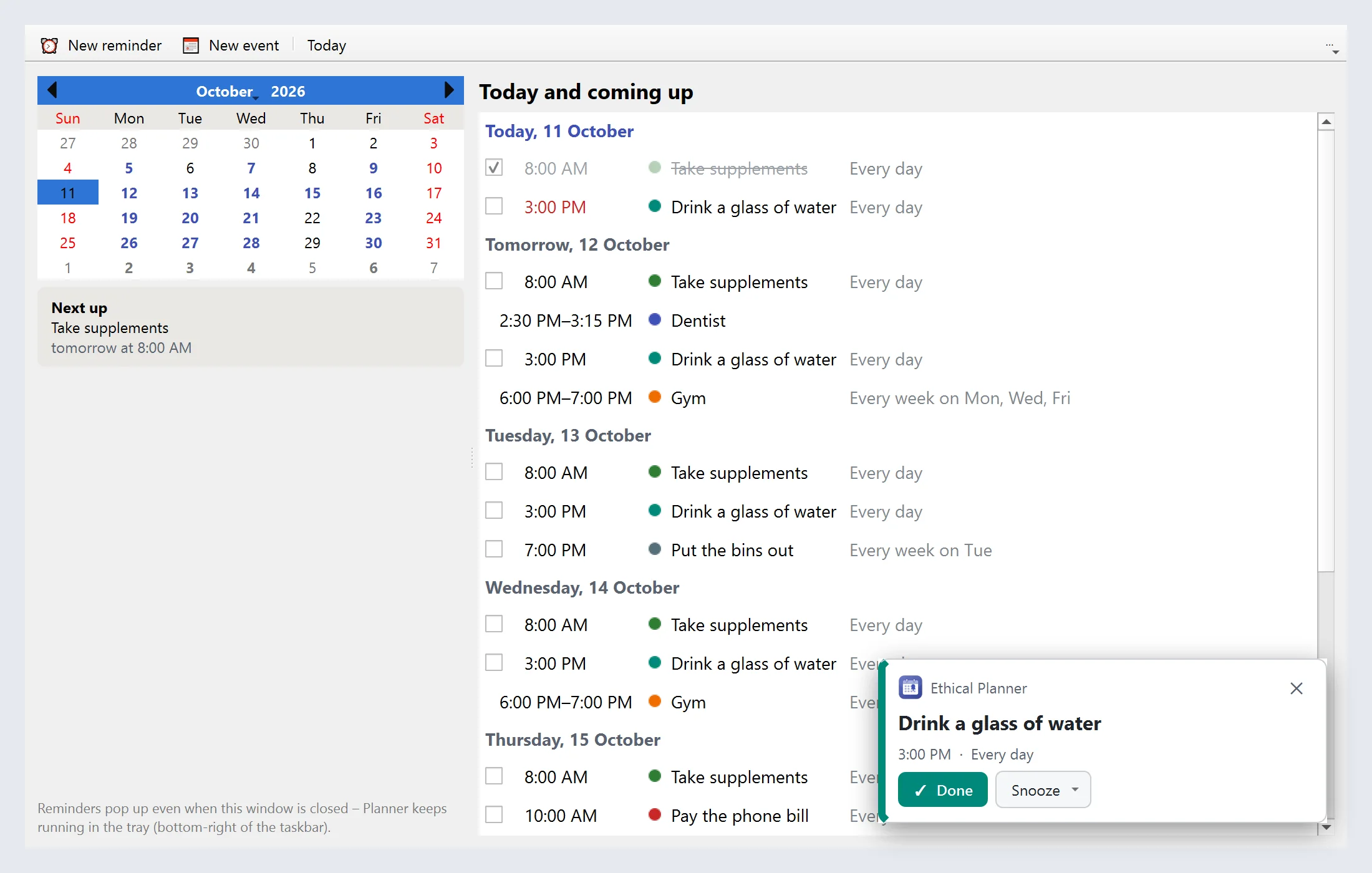 Ethical Planner with reminders and a pop-up