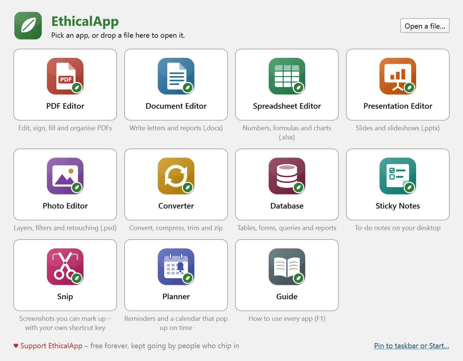 The EthicalApp window with all ten apps
